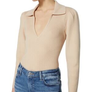 Jonathan Simkhai The Kit Eco-Knit Ribbed Deep V Long Sleeve Polo Top In Dune M